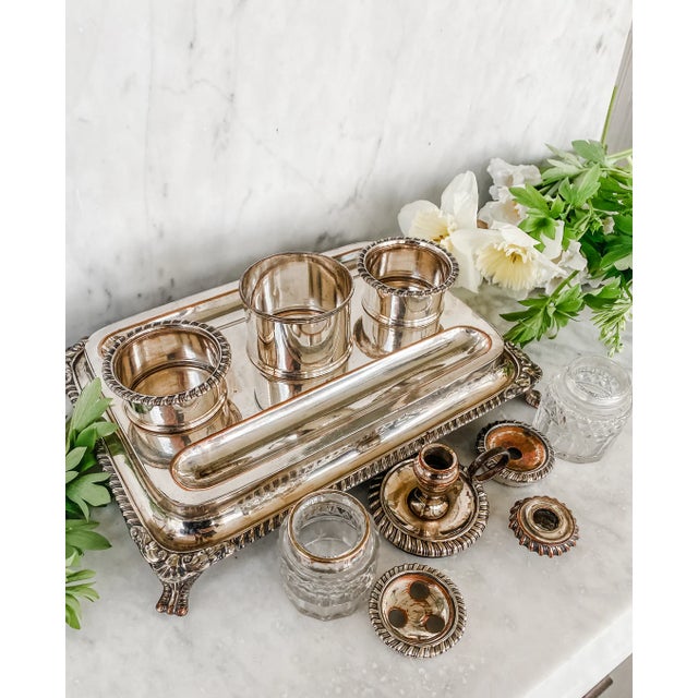 Rare Early 19th Century Old Sheffield Plate Inkwell Stand With Original Cut Glass Inserts, Circa 1820 For Sale - Image 4 of 10