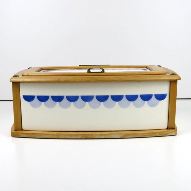 Antique Ceramic & Wood Bread Bin, 1910s, in Worn conditions. Designed 1890 to 1919 This piece is attributed to the...
