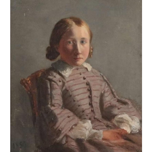 Charles Mercier (French 1832 - 1909) Oil Painting on Board - Portrait of a Girl in Gray Silk Dress Dated 1857. For Sale - Image 9 of 9