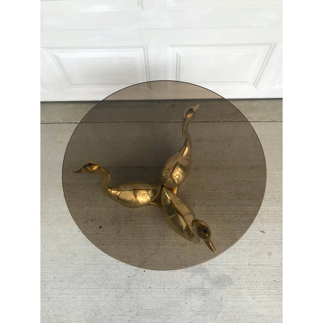 Hollywood Regency Brass Swan Coffee Table With Round Smoke Glass Top