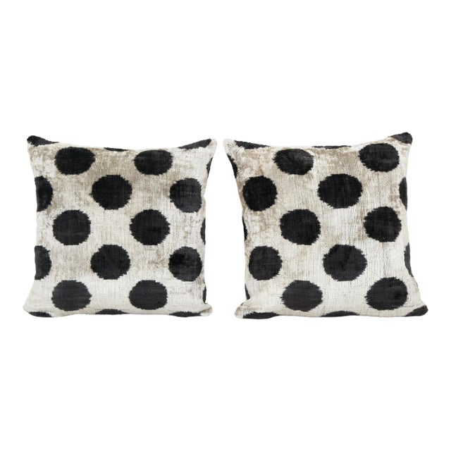 Black Polka Dot Silk Ikat Velvet Pillow Cover - a Pair For Sale