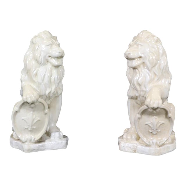 Pair Large White Glazed Ceramic Figures of Entryway Lions Paws Raised on Shield For Sale