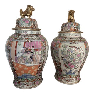 Pair of XL Early 20th Century Chinese Famille Verte Foo Dog Ginger Jars For Sale