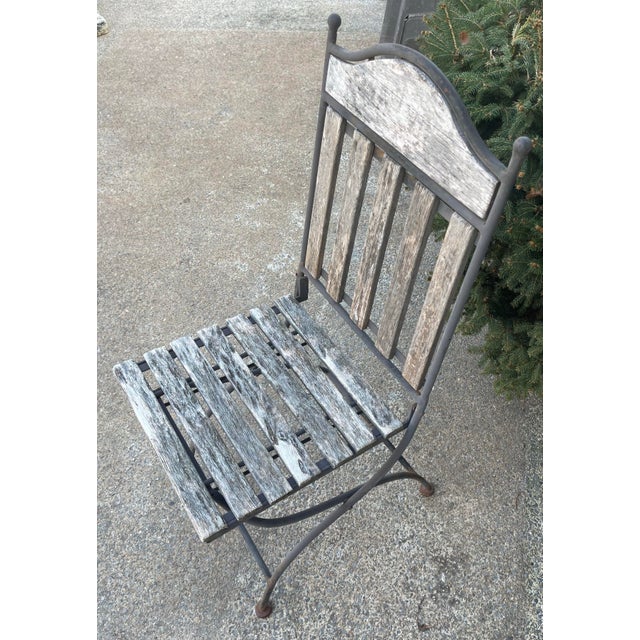 1920s Pair (2) Vintage French Wood & Metal Folding Bistro Chairs Wrought Iron Frame and Teak Slats For Sale - Image 5 of 12