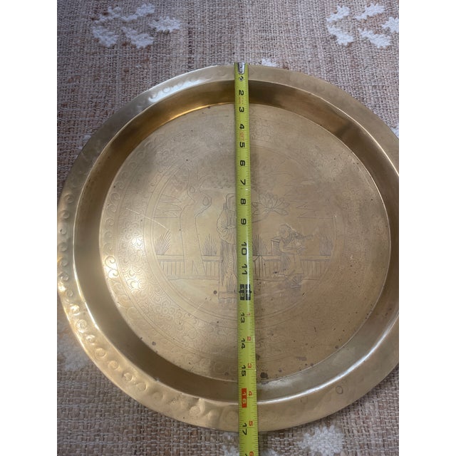 Brass Vintage Chinese Etched Brass Tray 17” For Sale - Image 8 of 11