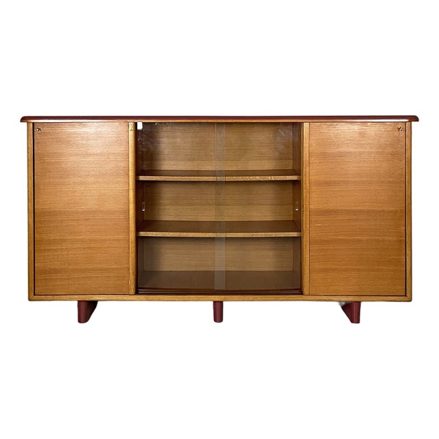 Mid-Century Modern Italian Sideboard in Wood, Glass, and Burgundy Leather, 1960s For Sale