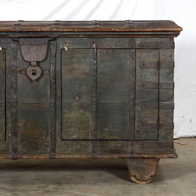 Antique Indian Painted Pitara Chest Buffet, with old green/black paint finish to the front and sides, iron strapping...