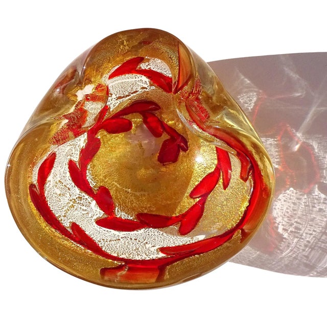 Mid-Century Modern Vintage Barovier Toso Murano Heavy Gold Flecks Ruby Red Vines Italian Art Glass Ashtray Bowl For Sale - Image 3 of 9