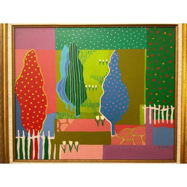 A vibrant and playful abstract landscape painting featuring bold colors and polka dot motifs adding a whimsical and...