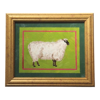 Sheep Minimalism Folk Art Americana English Traditional White Green Original Oil Painting by Cleo Plowden For Sale