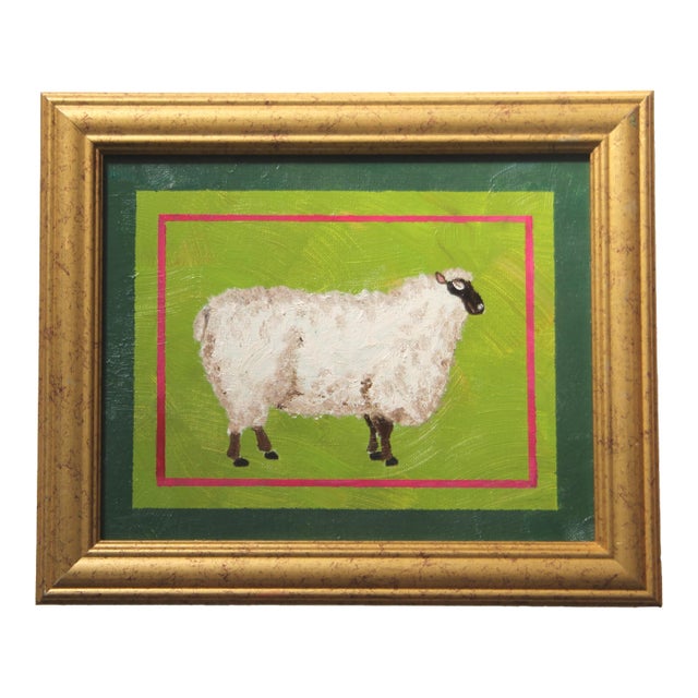 Sheep Minimalism Folk Art Americana English Traditional White Green Original Oil Painting by Cleo Plowden For Sale