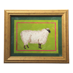 Sheep Minimalism Folk Art Americana English Traditional White Green Original Oil Painting by Cleo Plowden