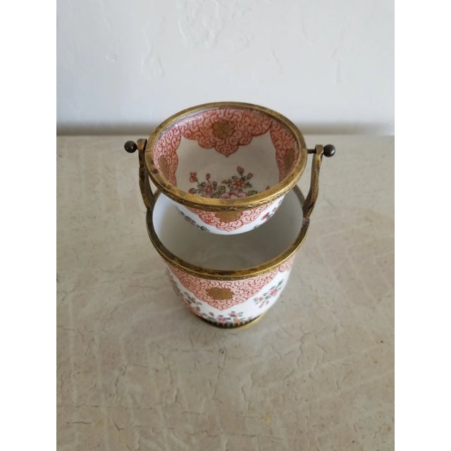 Pretty antique French porcelain two tiered cache pot with bronze mounted rims and swing for upper bowl ...possibly a...