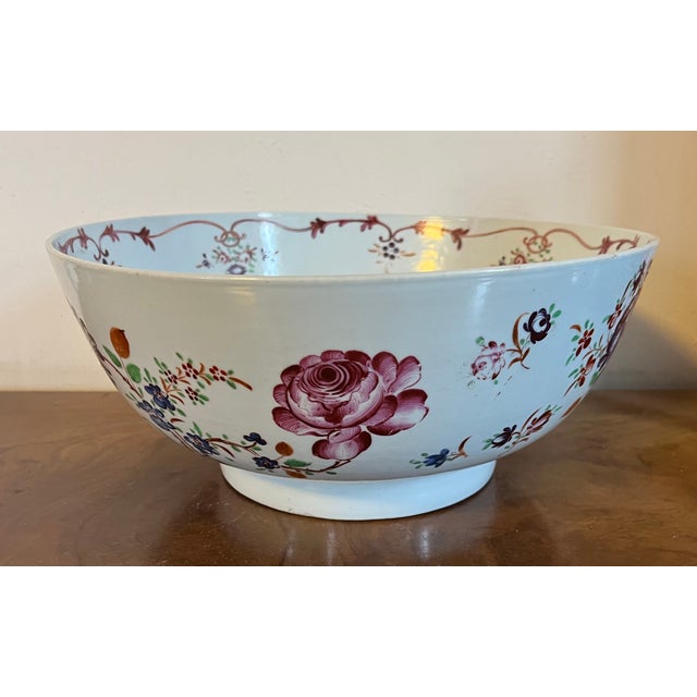 Large Antique Early 19th Century Chinese Export Porcelain Famille Rose Punch Bowl Painted With Exuberant Flowers For Sale In New York - Image 6 of 17
