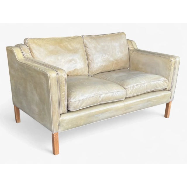 Mid-Century Modern Danish Modern Patinated Tan Leather Loveseat in the Style of Børge Moge For Sale - Image 3 of 18