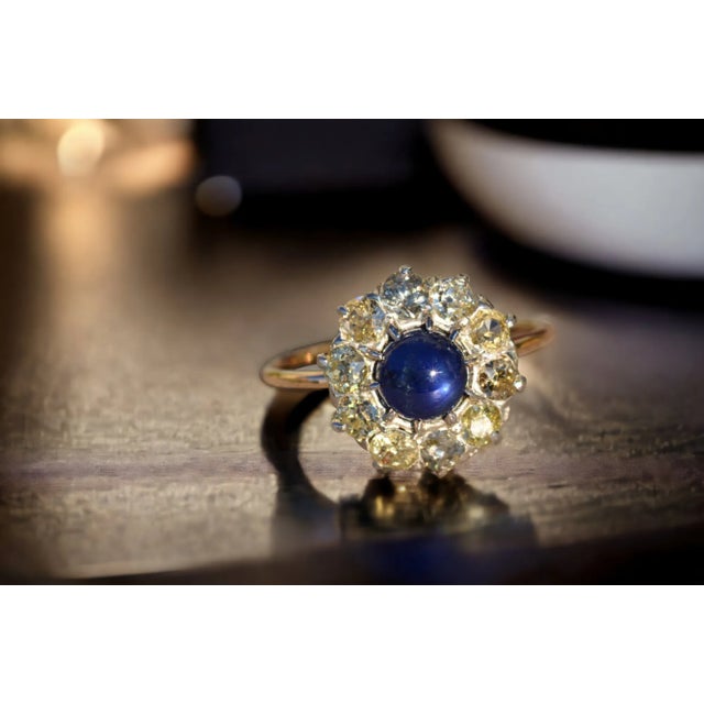 The Tana: Antique Mixed Metal Sapphire Cabochon and Old Mine Cut Diamond Halo Ring For Sale - Image 9 of 9