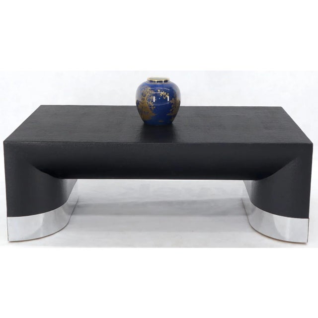 Large Black Lacquer Cloth Covered Chrome Base Rectangular Coffee Table For Sale - Image 10 of 11