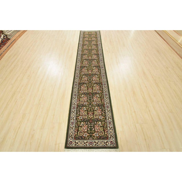 Farmhouse Sarouk Runner 2’4” X 11’6” Green Wool Traditional Hand-Knotted Oriental Rug For Sale - Image 3 of 14