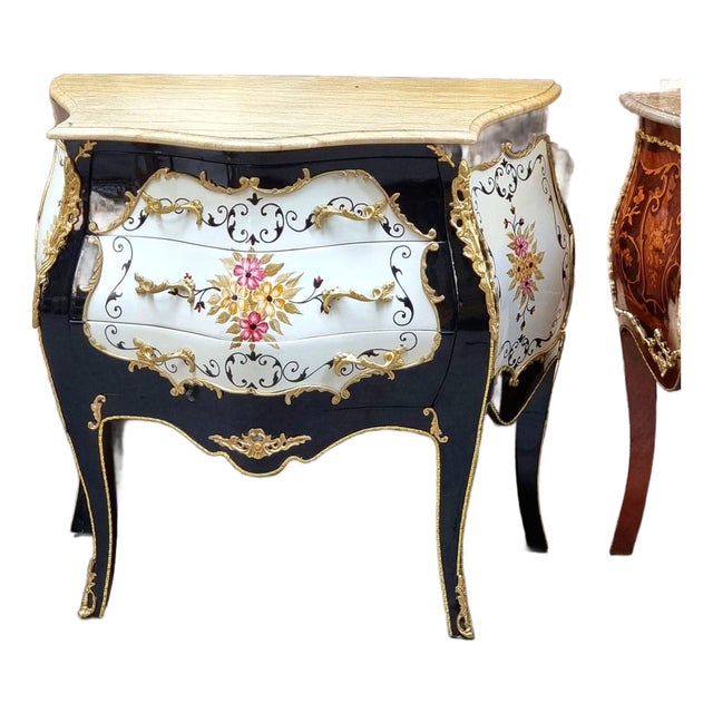Rococo Style Bombe Commode – 3 Drawer Floral Chest With Marble Top & Gold Leaf Details For Sale