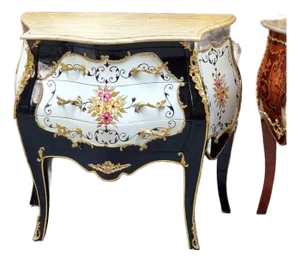 Rococo Style Bombe Commode – 3 Drawer Floral Chest With Marble Top & Gold Leaf Details
