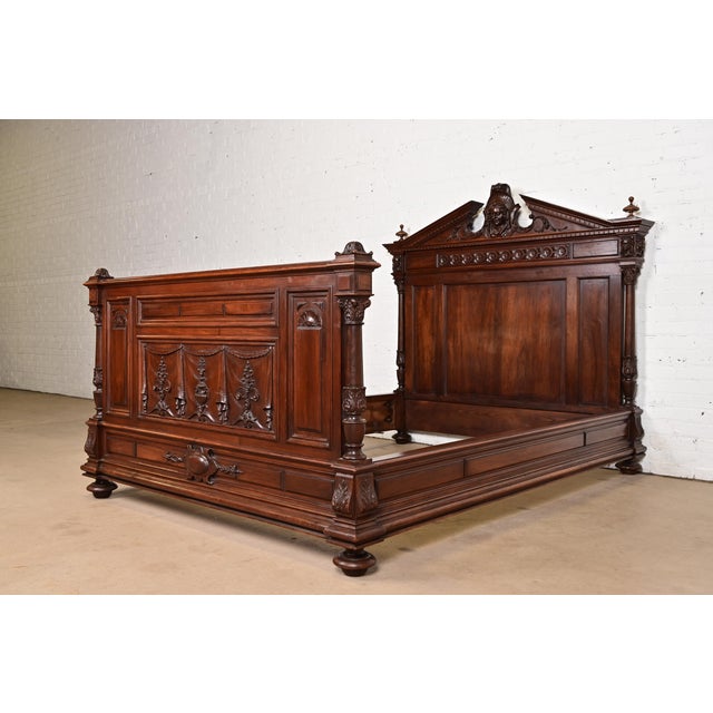 Antique French Renaissance Revival Carved Walnut Full Size Bed, Circa 1880s For Sale - Image 9 of 9