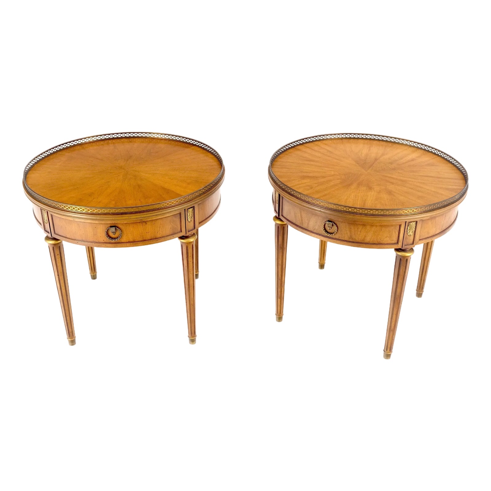 Pair Round Drum One Drawer Light Walnut Brass Gallery End Side Lamp ...