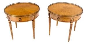 Pair Round Drum One Drawer Light Walnut Brass Gallery End Side Lamp Tables Stand