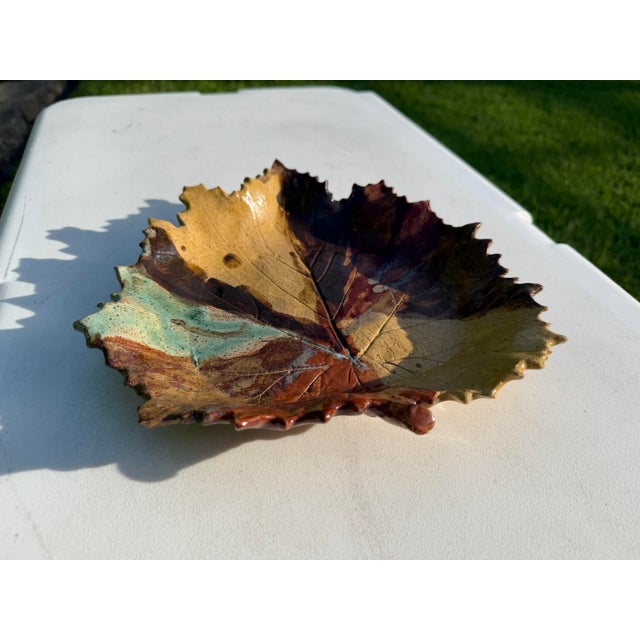 Ceramic Signed Studio Pottery Leaf Form Decorative Dish For Sale - Image 7 of 10