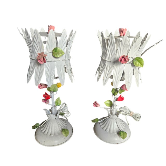 Chic 1960's Italian Tole Flower Lamps - A Pair sold as found in vintage condition showing normal signs of use commensurate...