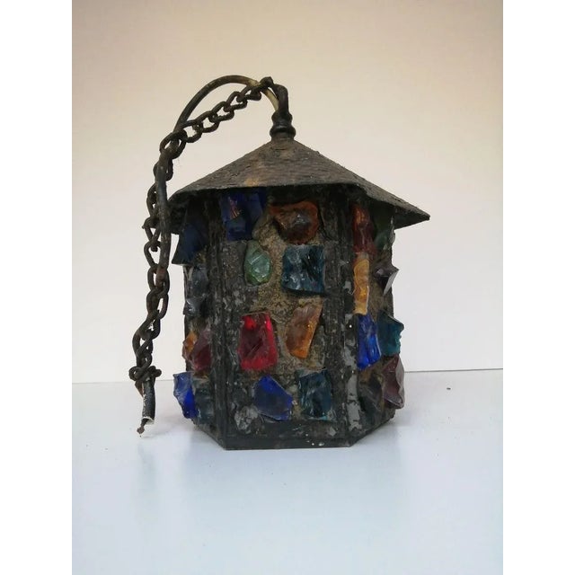 English Arts & Crafts Glass, Lead & Hammered Sheet Metal Porch Lantern by Peter Marsh, 1950s For Sale - Image 12 of 18