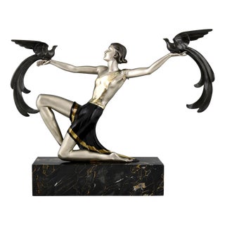 Art Deco Bronze Sculpture of a Lady with Birds of Paradise from G. Daverny, 1930 For Sale