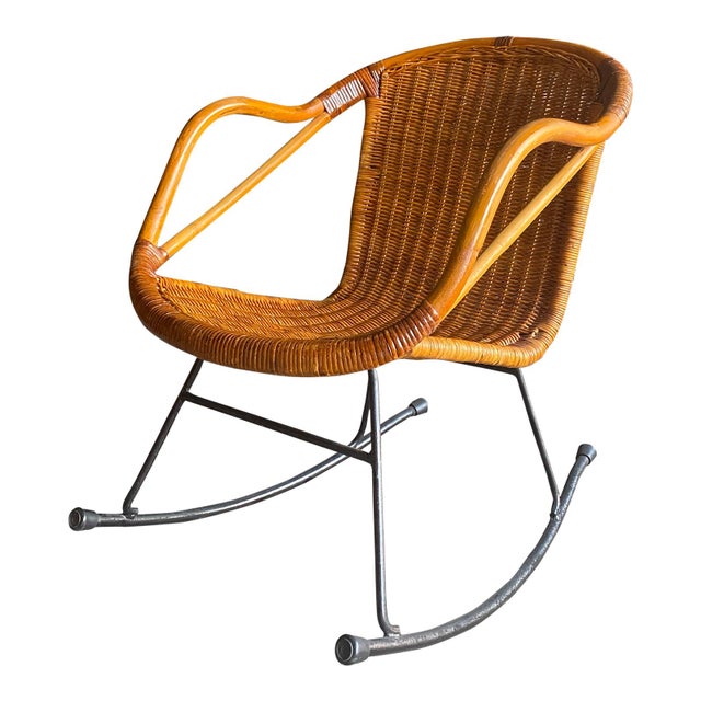 1960s Vintage Wrought Iron Woven Wicker & Rattan Rocking Chair Chairish