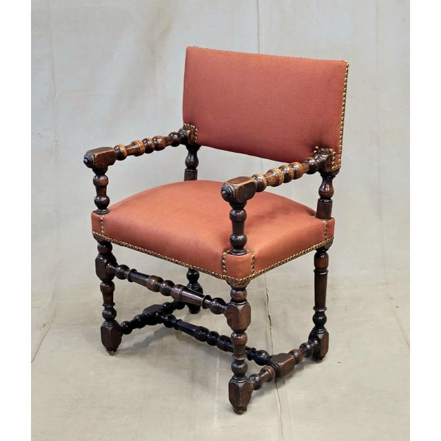 1930s Antique European Renaissance Revival Chairs With Terracotta Linen Upholstery - A Pair For Sale - Image 5 of 14