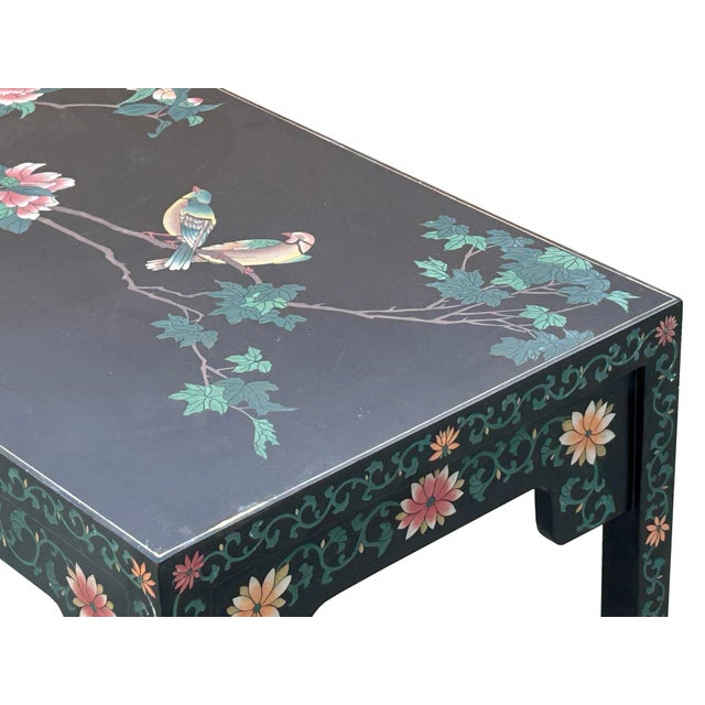 1970s Chinese Black Lacquer Flower Birds Graphic Rectangular Low Coffee Table For Sale - Image 12 of 13