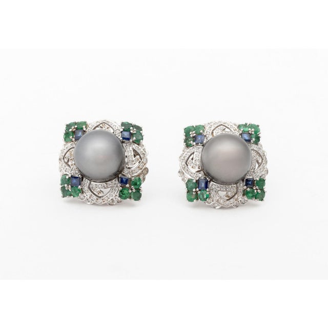 Art Deco Style 18k White Gold, Pearl, Multicolor Gemstones, and Diamond Earrings For Sale - Image 4 of 10
