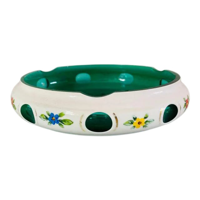 Vintage Bohemian Art Glass Czech Hand Painted Ashtray For Sale