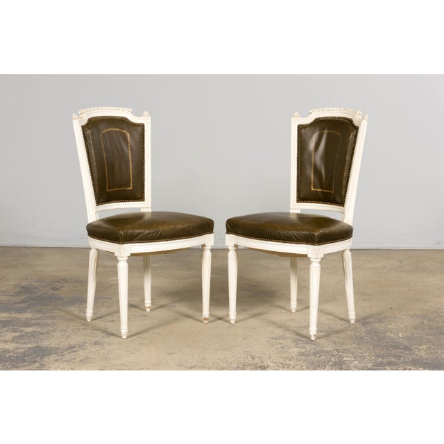Antique French Louis XVI Style Painted Chairs With Olive Green Leather - A Pair For Sale In New York - Image 6 of 18