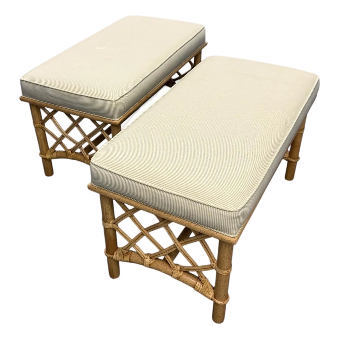 Pair Amanda Lindroth Rattan Benches | Chairish