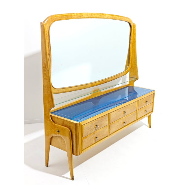 Mid-Century Modern Italian Sideboard with Mirror in Maple Wood, Blue Glass and Brass, 1960s For Sale - Image 3 of 13