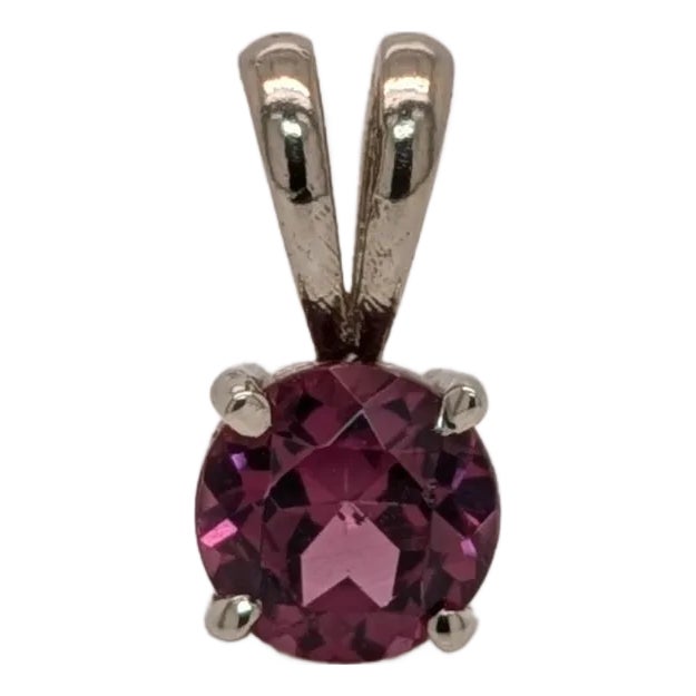 Solitaire Rhodolite Pendant w Rabbit Bail in Solid 14K White Gold | RD 5mm For Sale