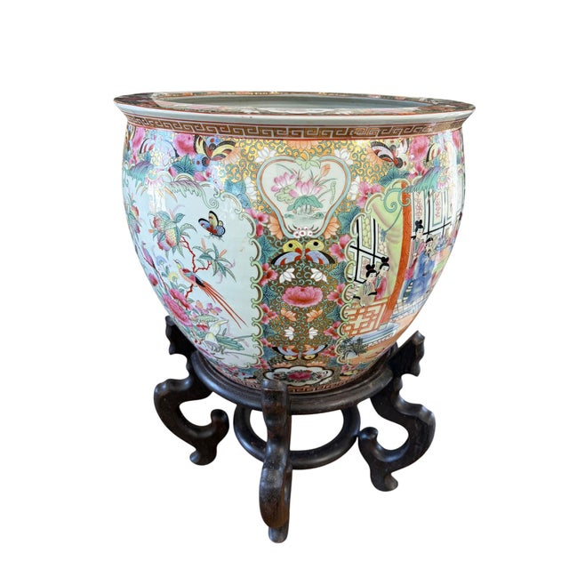 Asian Vintage Rose Medallion Jardiniere/Cache Pot /Planter W/Stand 23" H For Sale - Image 3 of 10