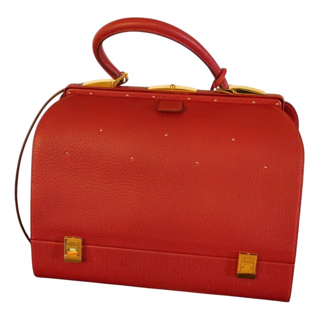 Red Leather Briefcase Bag with Shoulder Strap from Hermès, 1990s For Sale