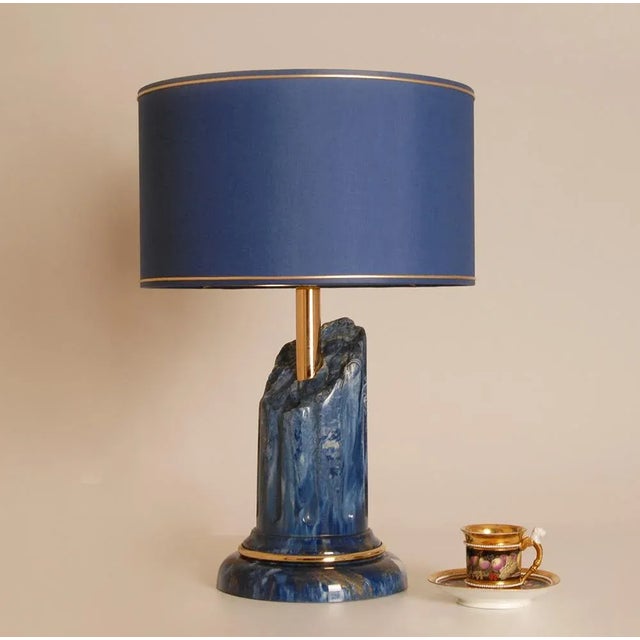 Vintage Italian Table Lamps Lapis Lazuli Marble Blue Gold Column Lamps a Pair For Sale - Image 9 of 11