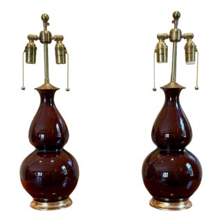 Vintage Christopher Spitzmiller Double Gourd Lamps in Espresso With Gilt Bases - a Pair For Sale