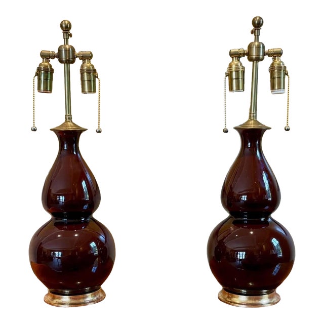 Vintage Christopher Spitzmiller Double Gourd Lamps in Espresso With Gilt Bases - a Pair For Sale