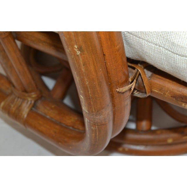 Vintage Bamboo & Wicker High Back Lounge Chair Beige Linen Upholstery - Pair For Sale - Image 10 of 13