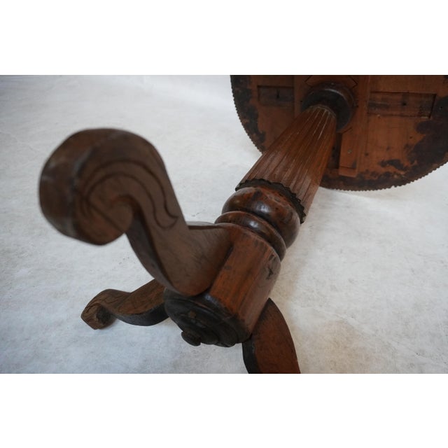 Brown Antique Round Carved Wood Pedestal Side Table For Sale - Image 8 of 15