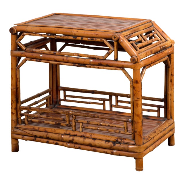 Chinese Vintage Bamboo Tiered Side Table with Slanted Front and Fretwork Motifs For Sale