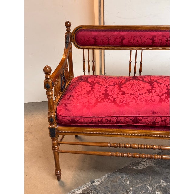 Antique Victorian Red Damask Upholstered Settee For Sale - Image 10 of 12