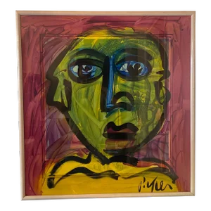 1970s Vintage Abstract Portraiture; Original Painting by Peter Robert Keil, Framed